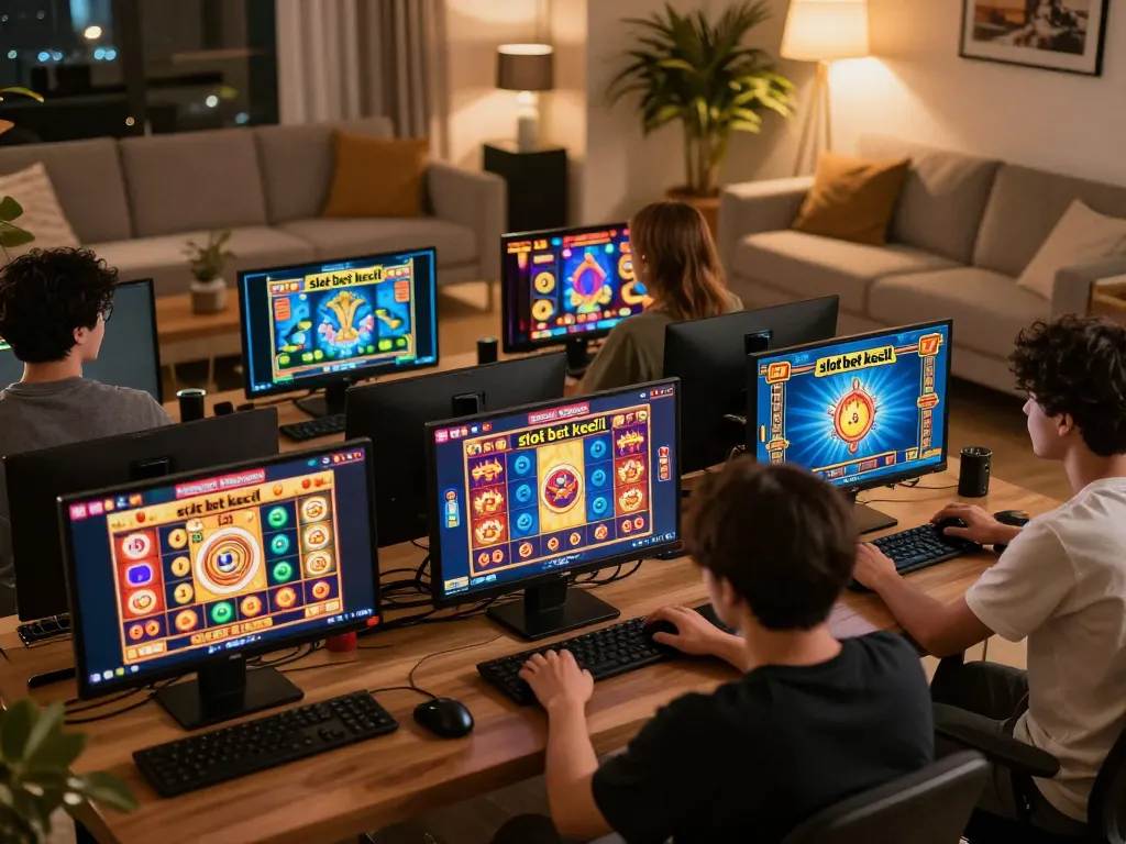 Engaged players placing slot bet kecil on vibrant online slot games from home, showcasing strategic gameplay.