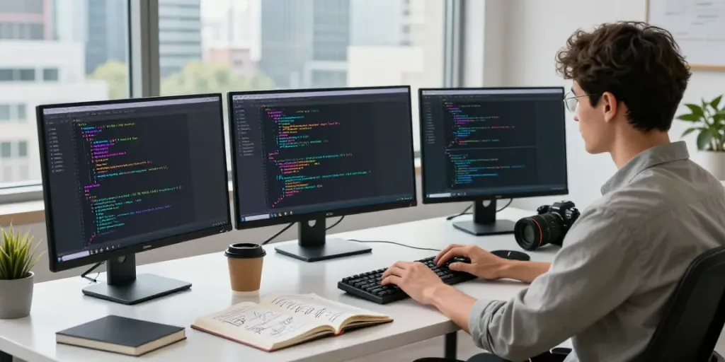Programmer using Notepad++ with colorful syntax highlighting at a modern desk in a bright office.