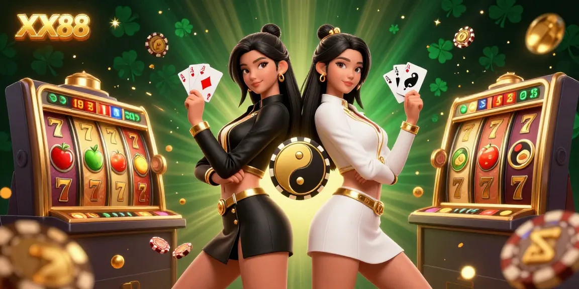 Engage with dynamic gambling strategies at XX88, featuring twin Asian women embodying excitement with cards and casino elements.