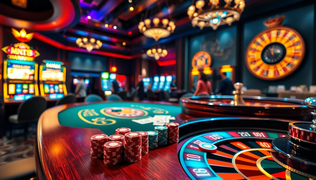 Exciting casino scene featuring MM88 poker table with vibrant chips and cards.