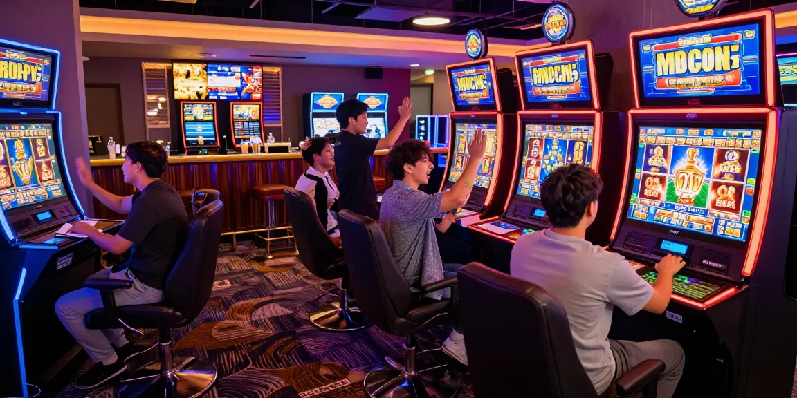 Excited players celebrating a win at a slot gacor machine in a vibrant online casino setting.