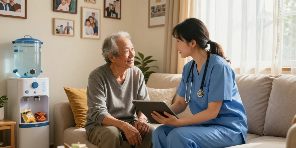 Senior receiving compassionate home care support with a bonus new member in a cozy living room