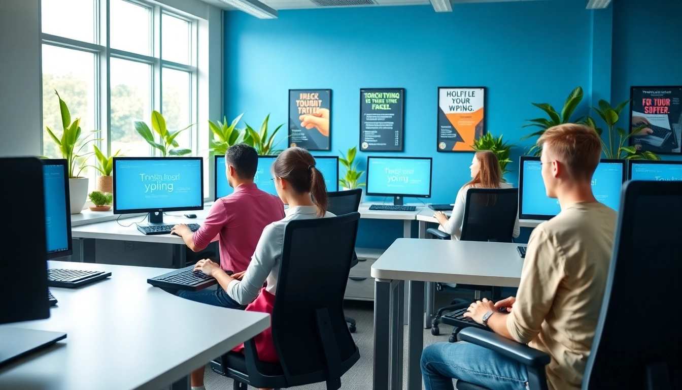 Engage with a professional typing center showcasing students practicing typing skills in a modern workspace.
