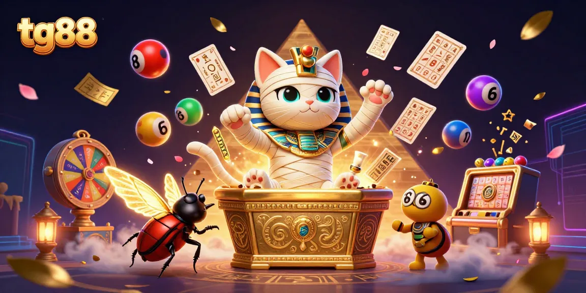 Spin and win with tg88 in a vibrant, dynamic pyramid casino scene featuring a mummy cat!