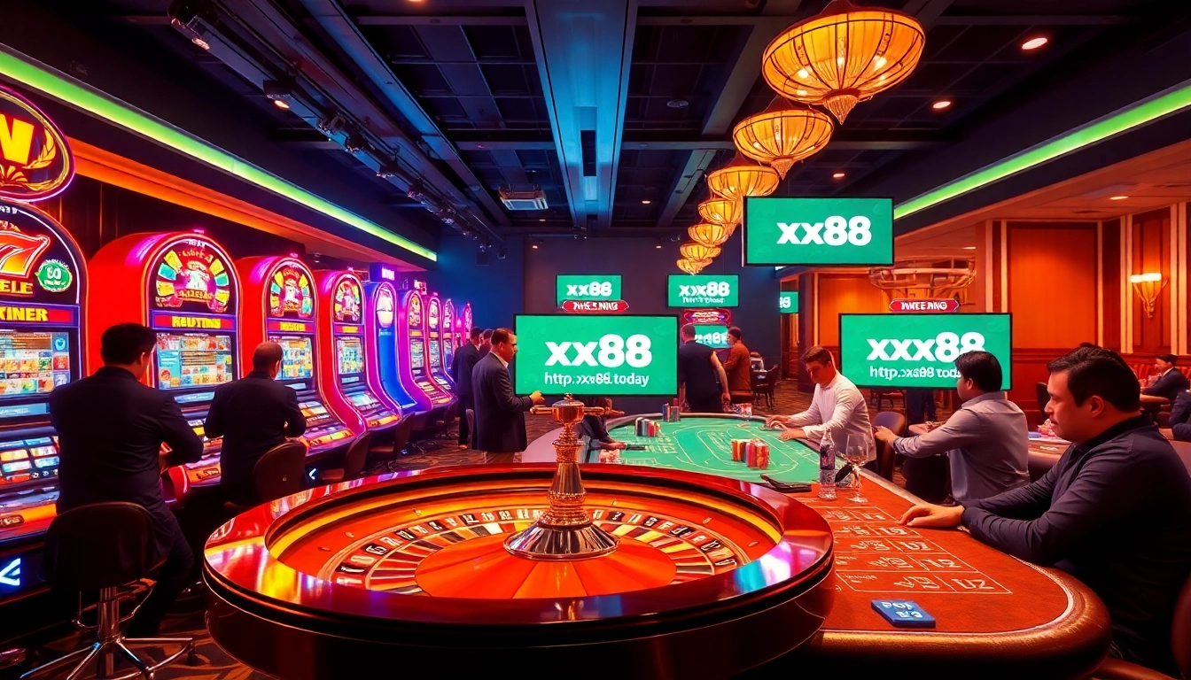 Excited players engaging with games at https://xx88.today/ in a vibrant, luxurious casino setting with slot machines and poker tables.