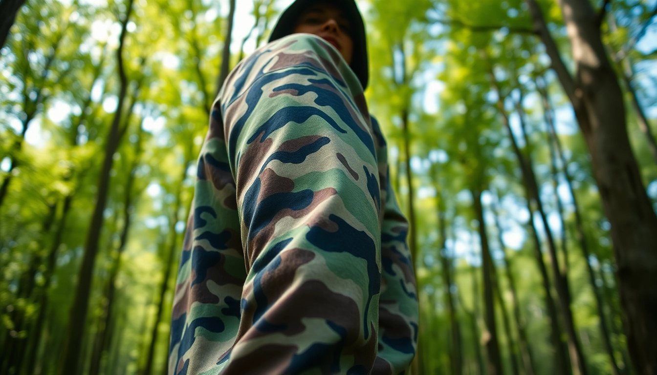 Ervaar goedkope camouflage print in een levendig buitenmoment met een model.