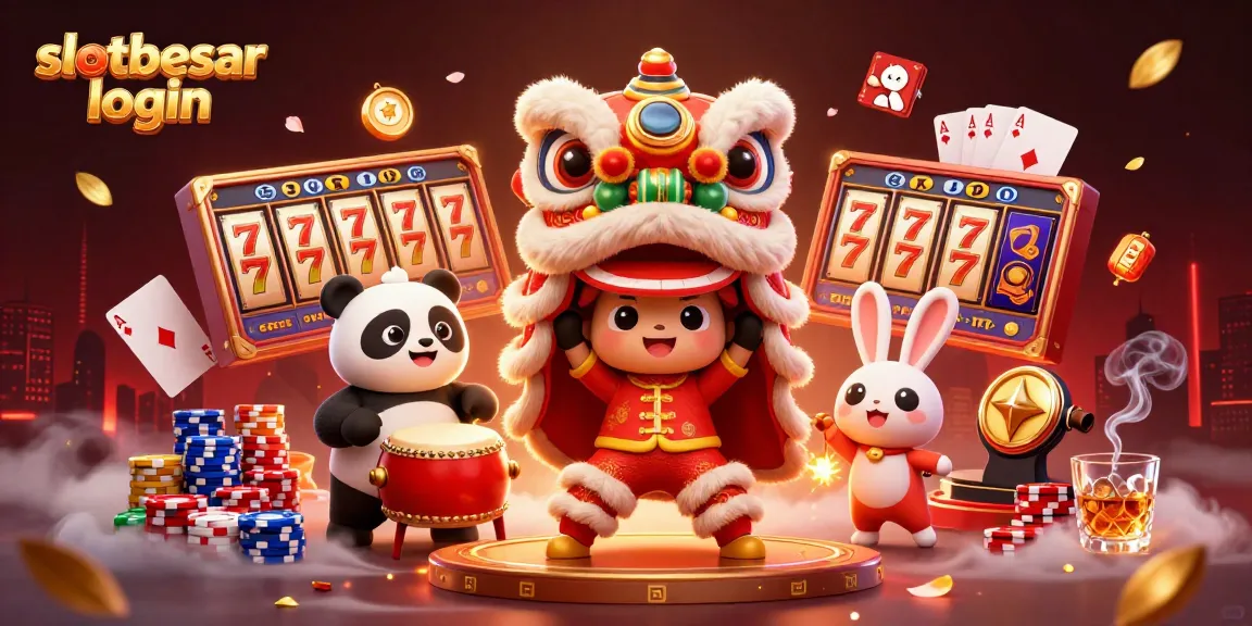 Engage in slot games with slotbesar login featuring vibrant characters, playful slot reels, and festive decorations.