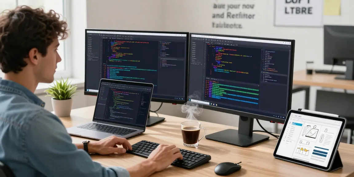 Screenshot tool download - developer using software in modern office with dual monitors and lively coding environment.