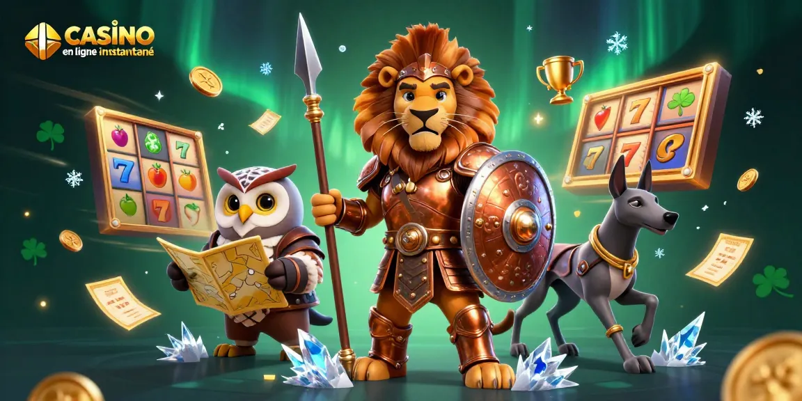 Réclame au casino en ligne retrait instantané avec un lion spartiate et des éléments de jeu dynamiques