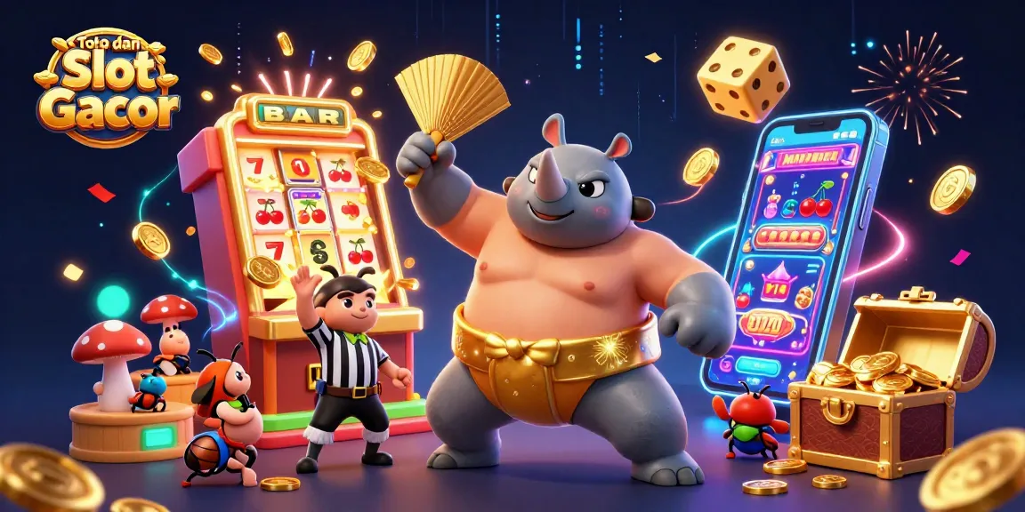 Toto dan Slot Gacor illustration featuring a 3D cartoon rhinoceros beetle champion amidst a jackpot explosion and vibrant casino elements.