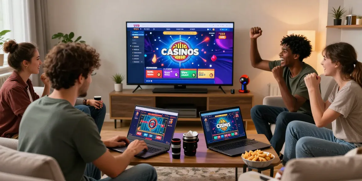 Exciting non UK online casinos gaming scene with players celebrating in a cozy living room.
