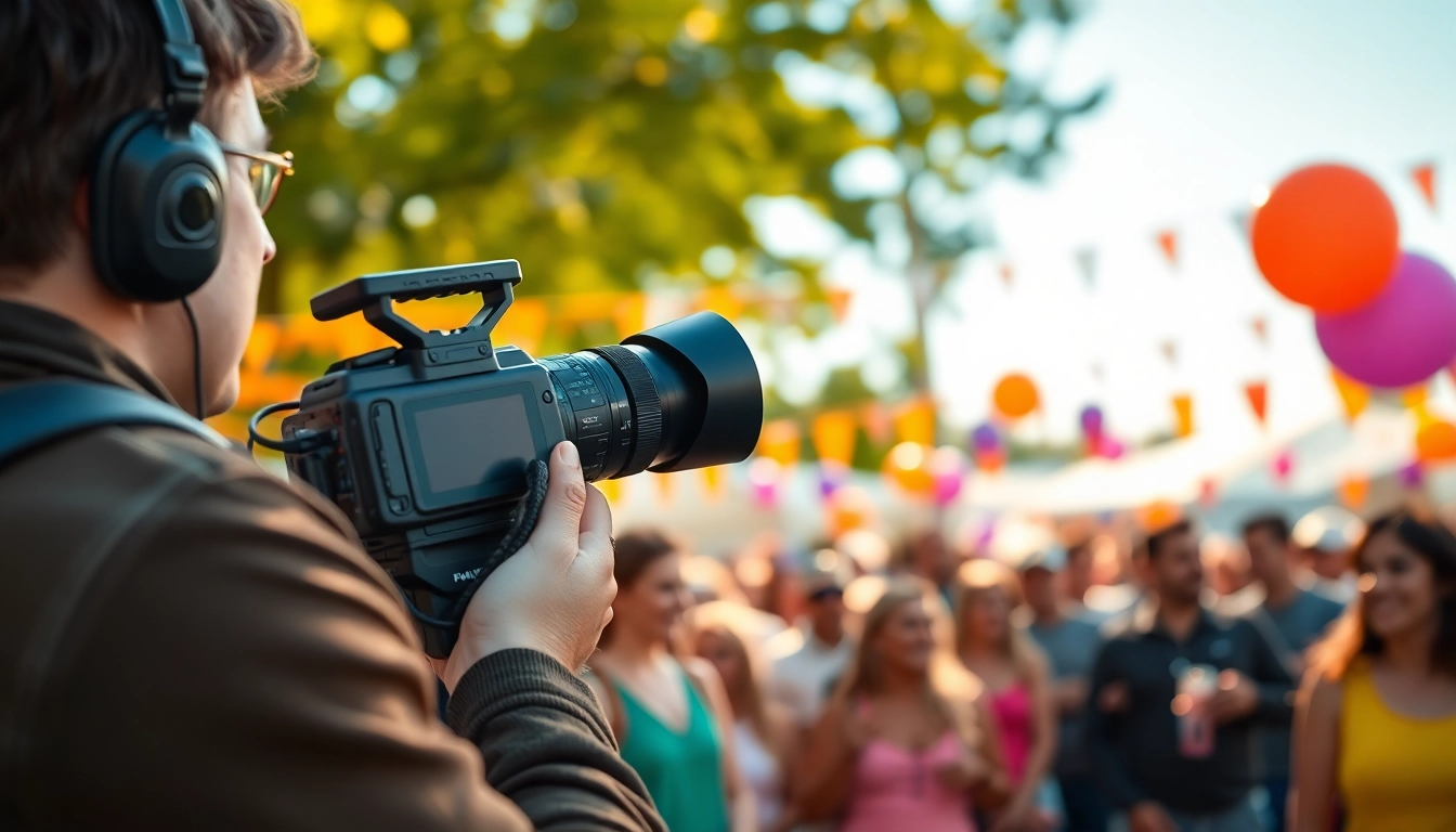 Edmonton videographer capturing lively moments at an outdoor event with vibrant colors and joyful attendees.