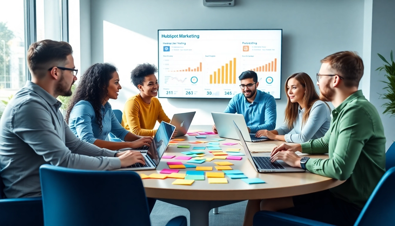 Engaging team collaboration focused on HubSpot marketing email strategies in a modern office setting.