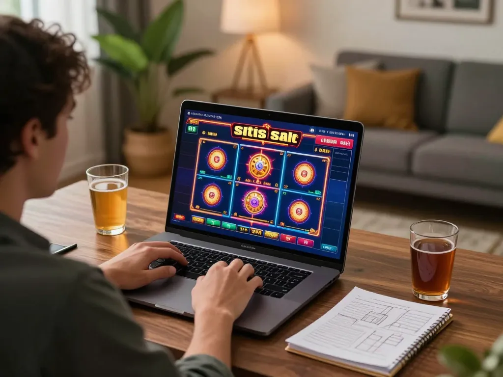 Situs slot gaming session on a laptop showing colorful online slot interface with beverages nearby.
