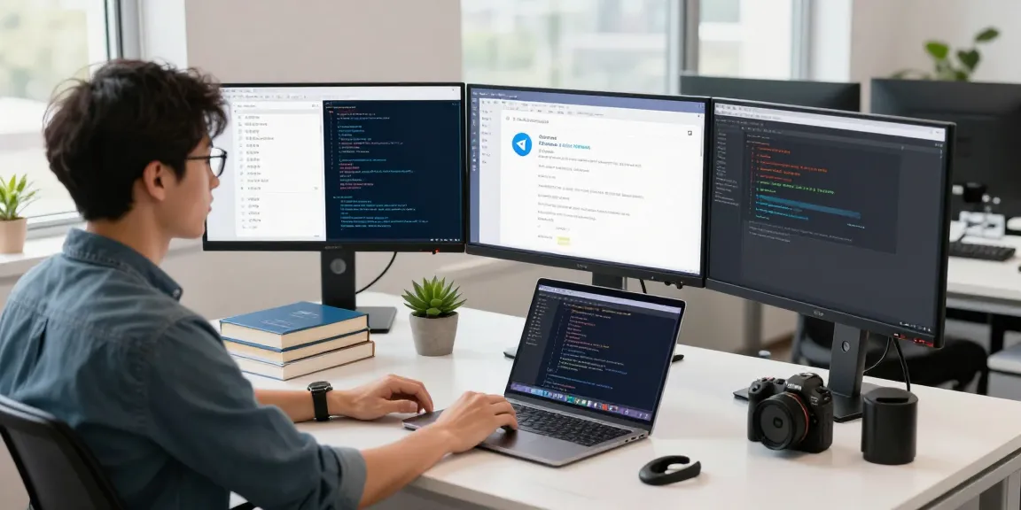 Engaged developer working on Telegram中文 interface at a modern office.
