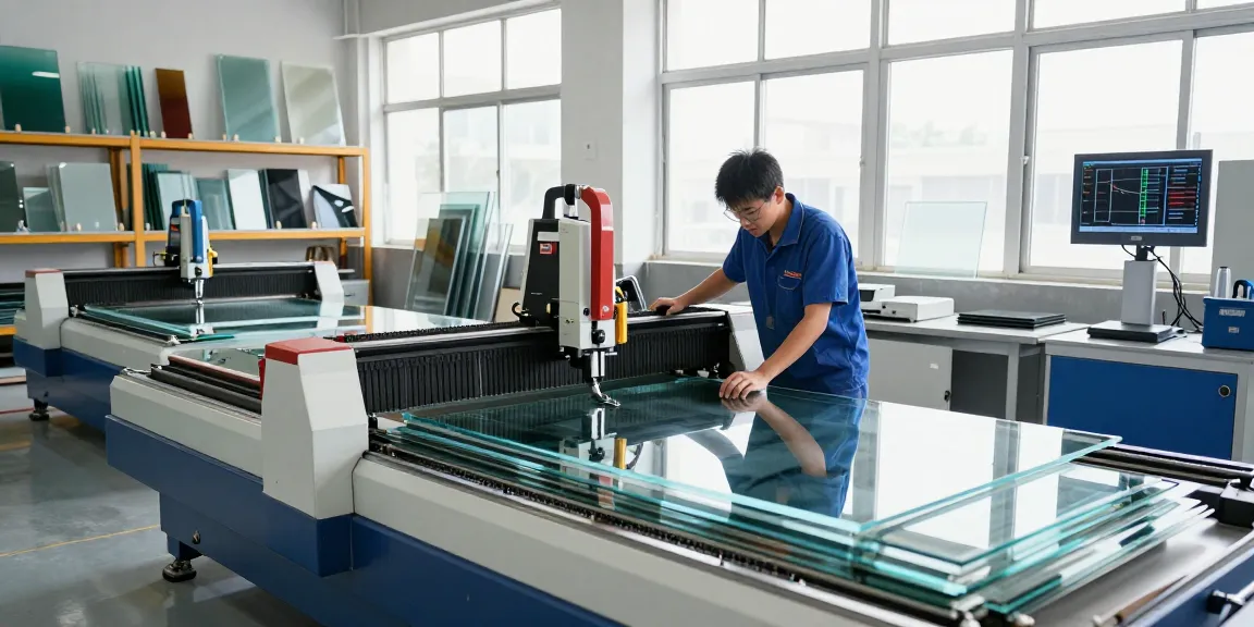 Technician using a cutting machine glass in a modern workshop with precision tools and bright industrial light.