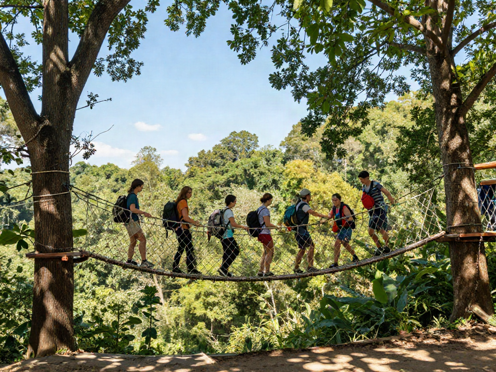 Explore innovative Rope Bridge design connecting tall trees in a vibrant forest setting.