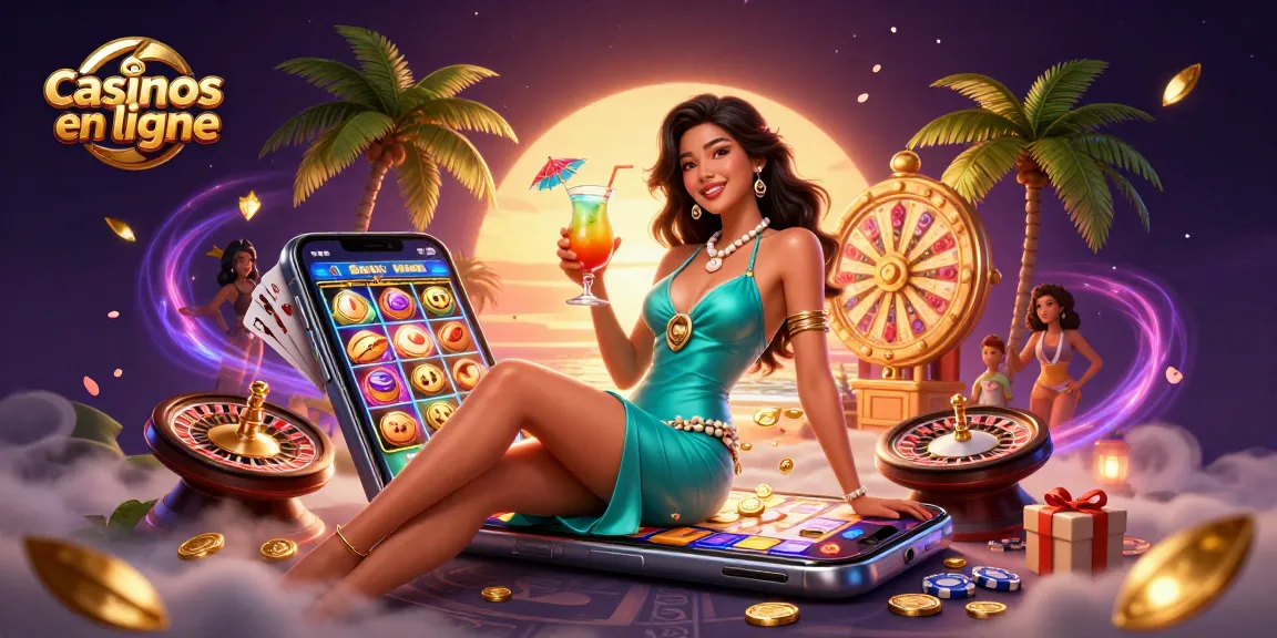 Participez à des casinos en ligne exaltants avec une scène vibrante mettant en vedette une femme glamour, des jeux de machines à sous 3D et des éléments de casino.
