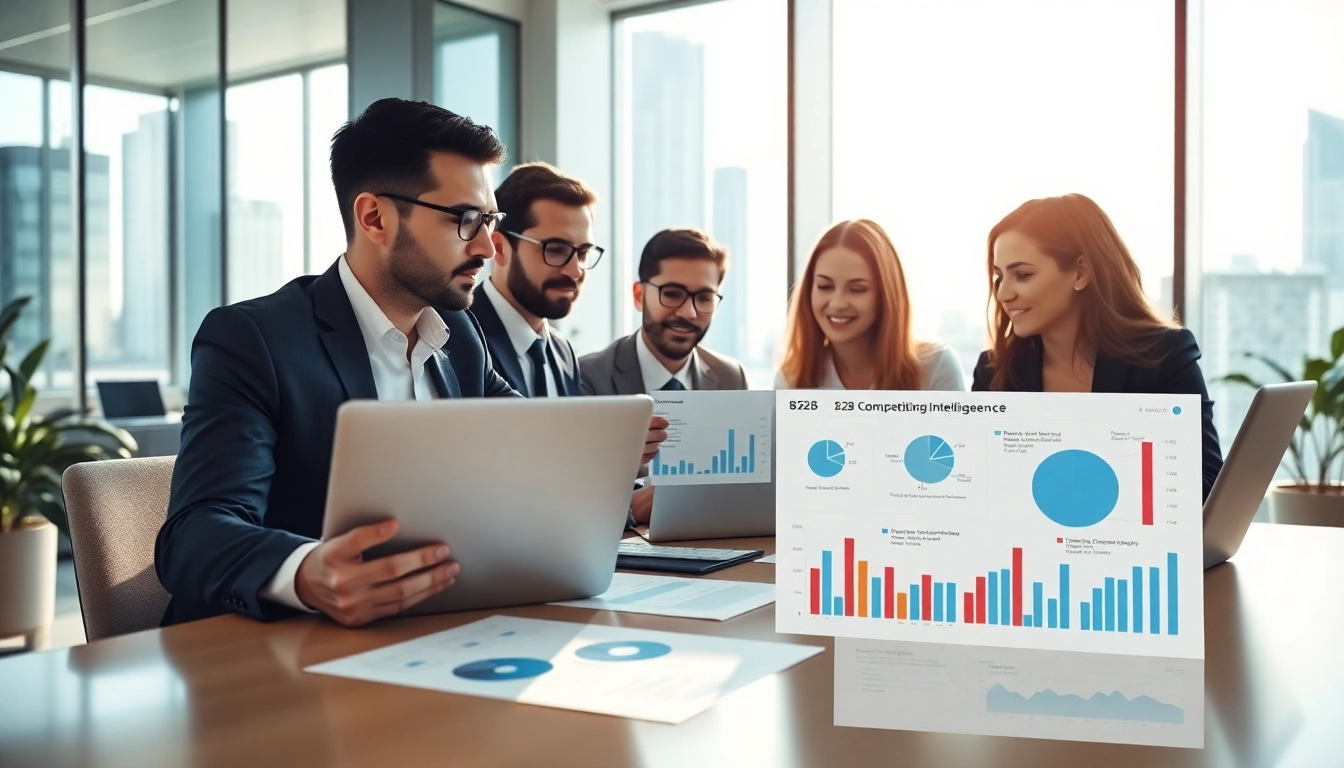 Analyze b2b competitive intelligence data in a bright business meeting environment.