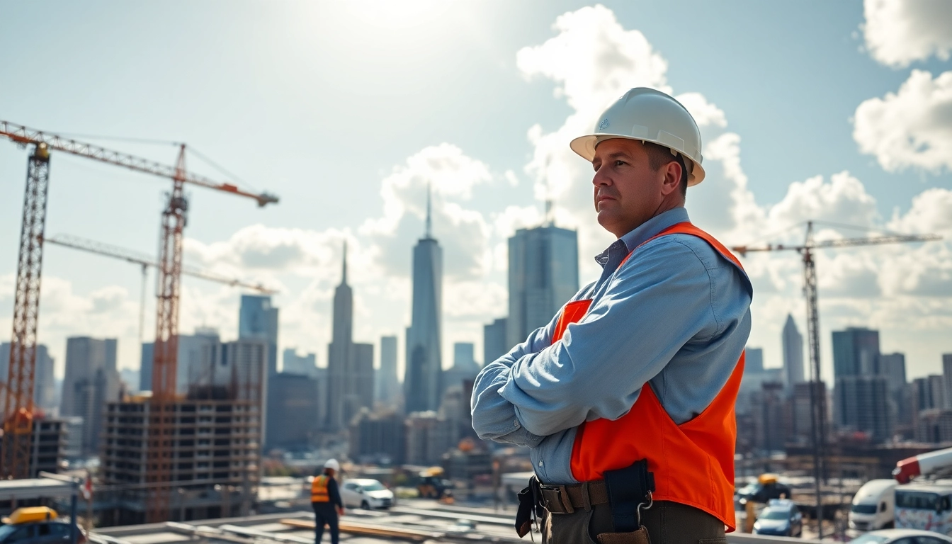New York Commercial General Contractor supervising a vibrant construction site in NYC under bright sunlight.