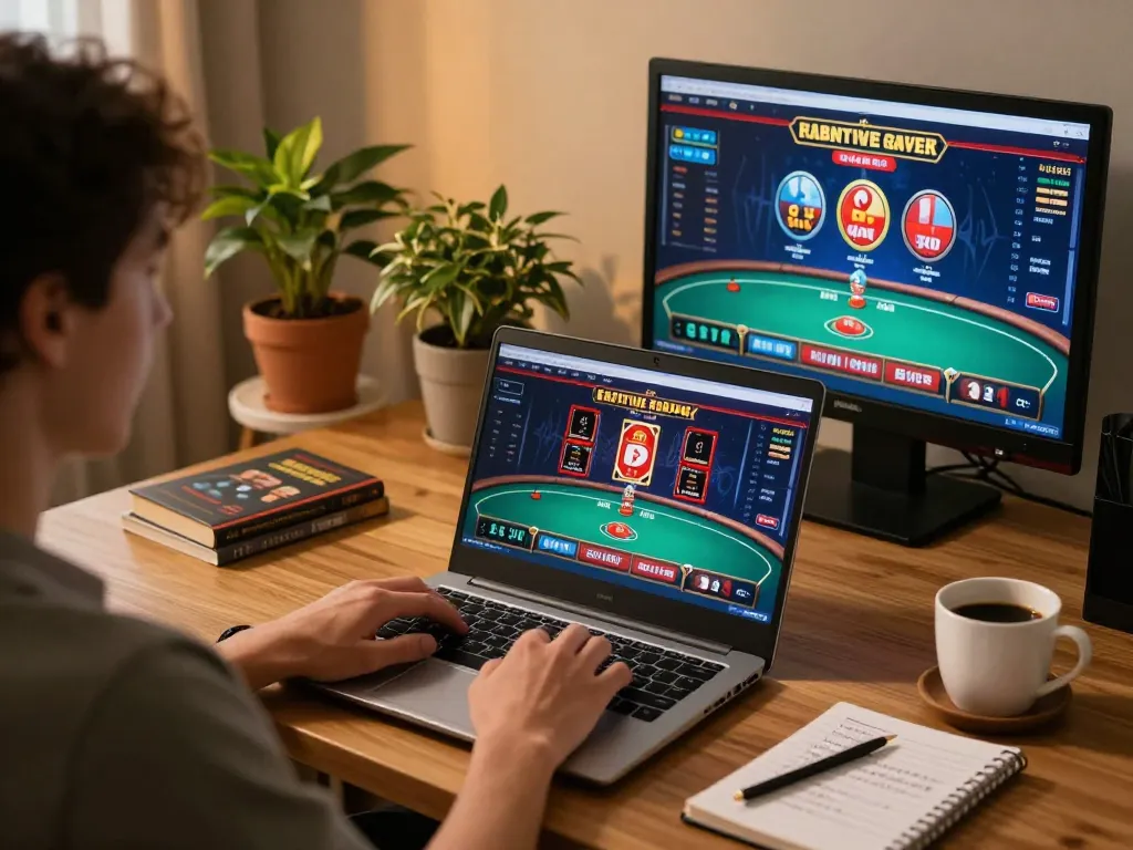 Engaged user playing online slots at home, showcasing F8beta2 ink gaming strategies and cozy atmosphere.