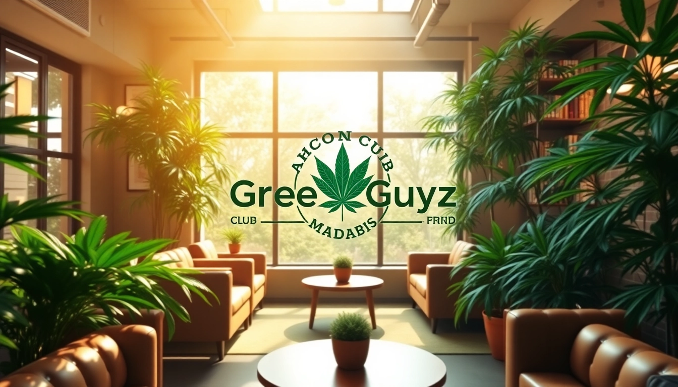 Découverte de l'atmosphère accueillante du Green Guyz club cannabis madrid, avec un logo distinctif et un cadre relaxant.