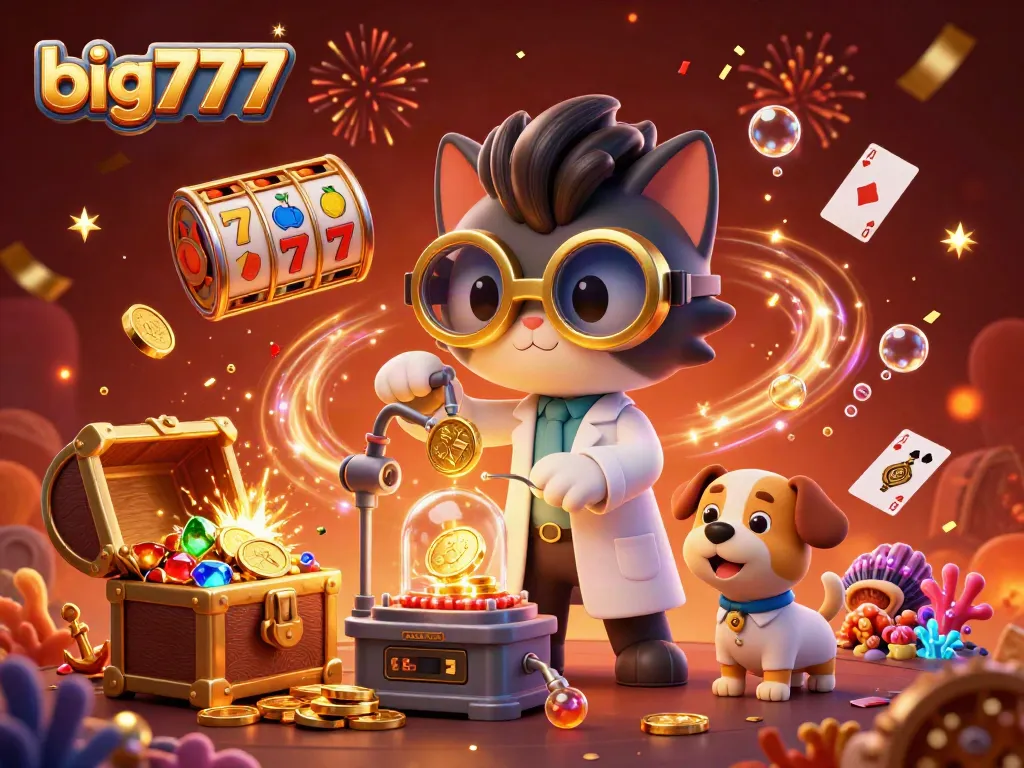 Big777 slots theme with a mad scientist cat and dog creating a gold machine.