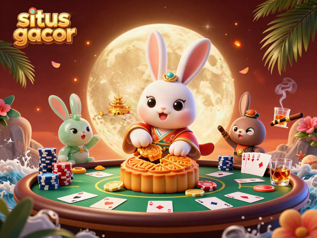 Experience situs gacor in a vibrant 3D casino scene featuring a moon rabbit breaking open mooncakes full of poker chips.