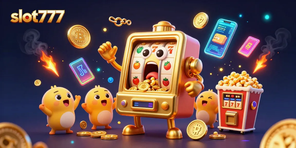 Engage with slot777 as the golden machine hits a jackpot, surrounded by cheering slot machines.