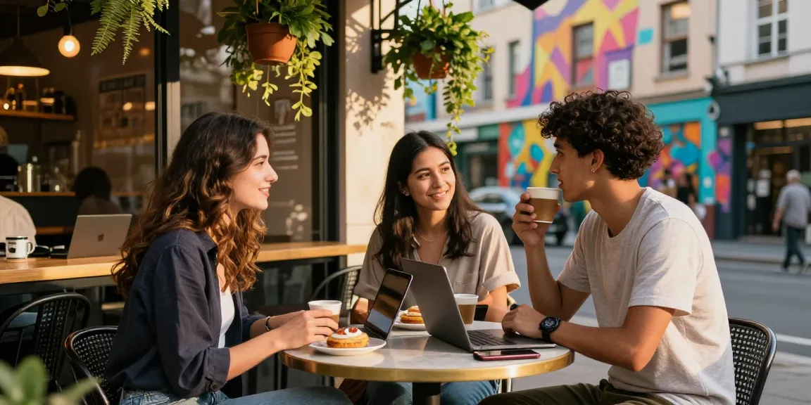 Friends enjoying coffee at a café, showcasing the vibrant urban lifestyle of rokok88 community.