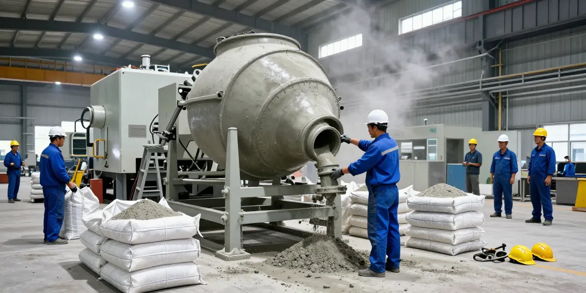 NAGA2000 advanced concrete manufacturing scene with engineers operating machinery in a factory.