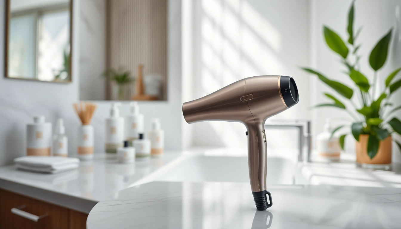 Using an ionic hair dryer for smooth, shiny hair on a stylish bathroom vanity.