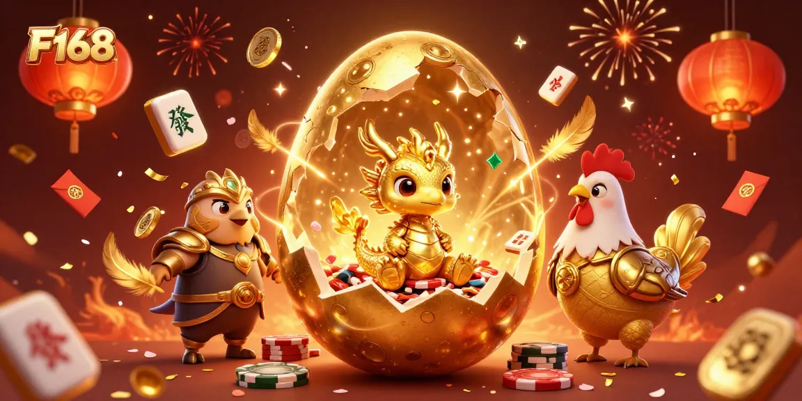 Engage in F168’s thrilling experience featuring a golden dragon amidst poker chips and festive decorations.