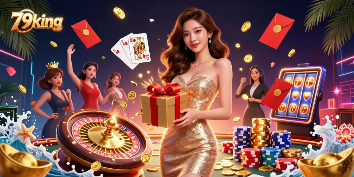 Engage with 79king's festive casino scene featuring a glamorous woman and gold coins.