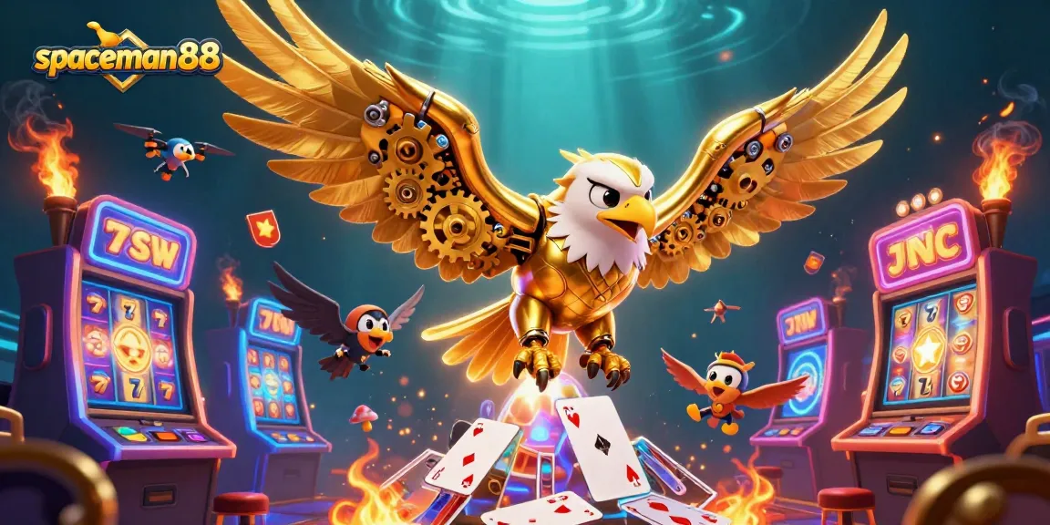 Win big with spaceman88 in an energetic casino scene featuring dynamic slot reels and golden visuals.