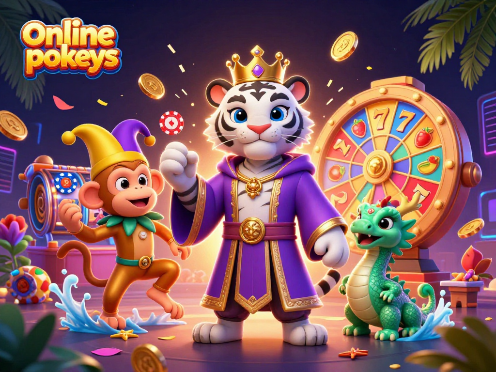 Experience thrilling online pokies with vibrant 3D characters and dynamic casino elements.