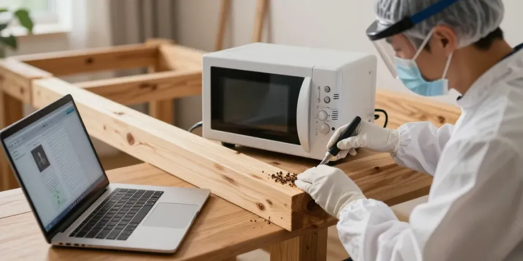 SHASHEL® microwave treatment technician eliminating wood-boring insects in a clean home environment.