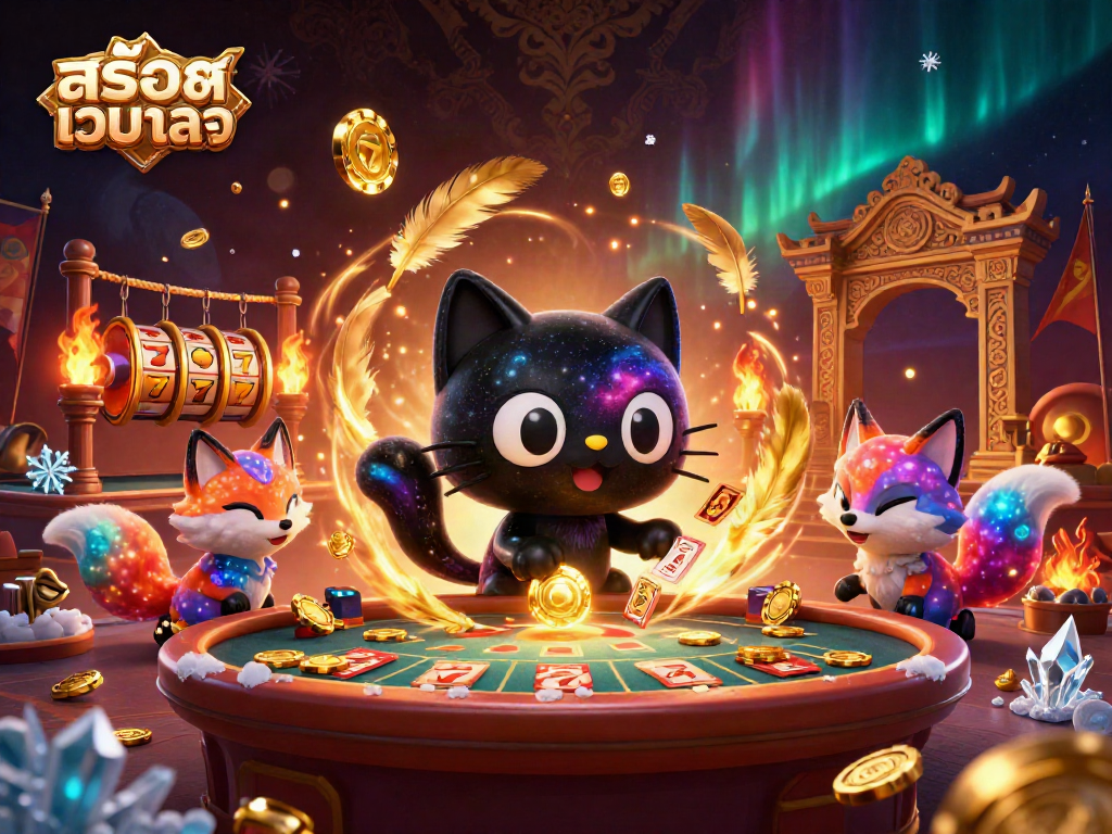 Engage with สล็อตเว็บตรง in a colorful, dynamic cosmic casino scene featuring a black hole cat and nebula fox.