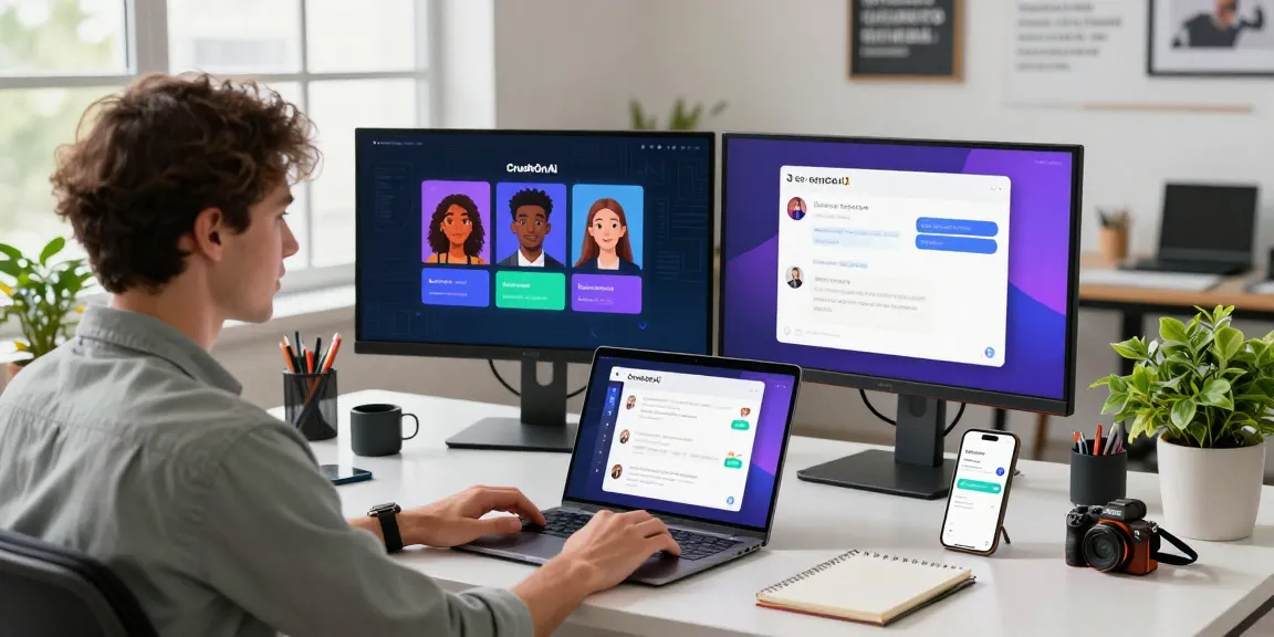 A user engaging with CrushOnAI's character chat on a laptop in a modern office setting, showcasing interactivity and technology.