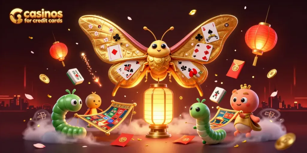 Explore casinos for credit cards with a colorful 3D illustration of a whimsical moth and casino-themed elements.