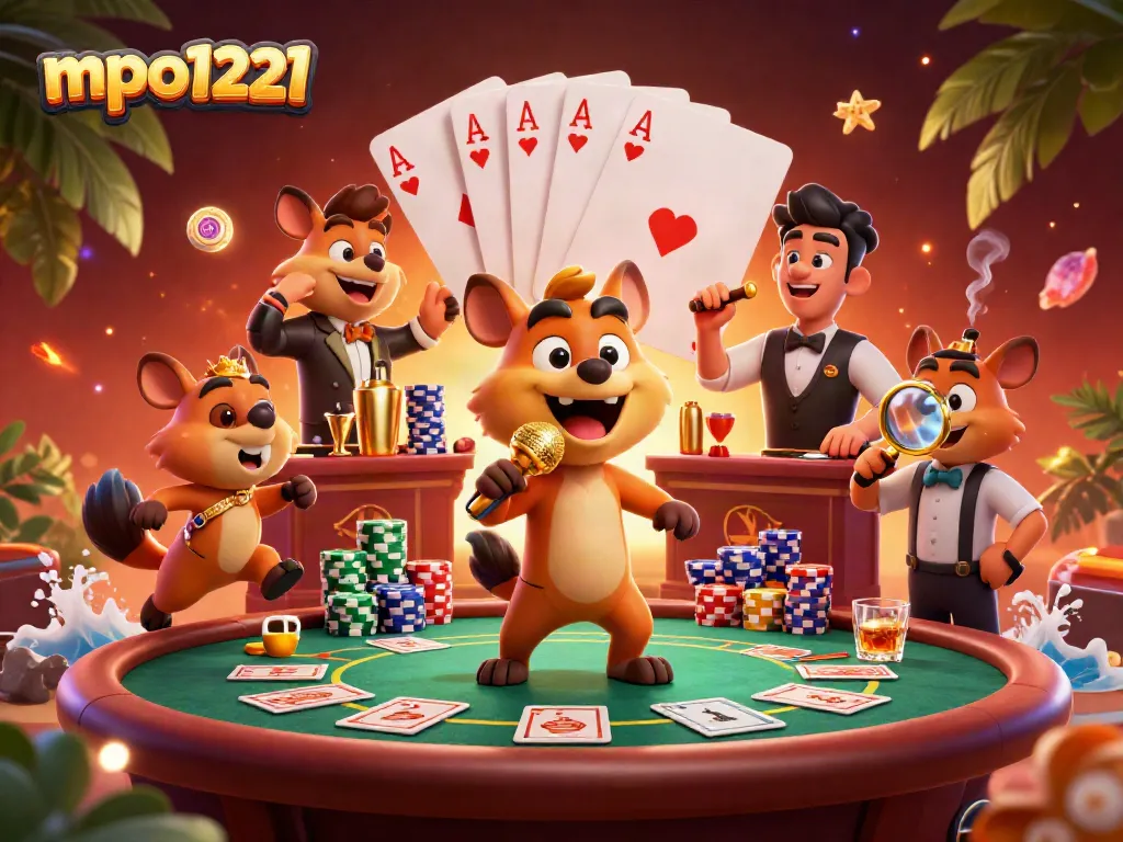 Catch the excitement of mpo1221 with our cartoon hyenas showcasing casino fun in a vibrant scene.