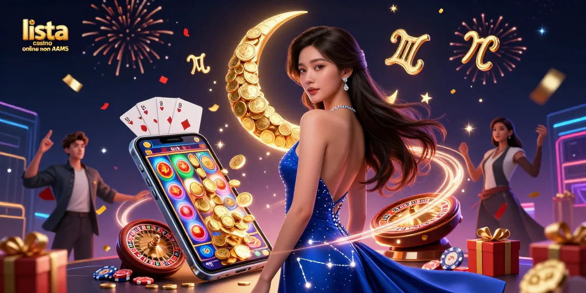 Interagisci con la scena della lista casino online non AAMS che mostra una donna elegante tra elementi di casinò vivaci e riflessi dorati.