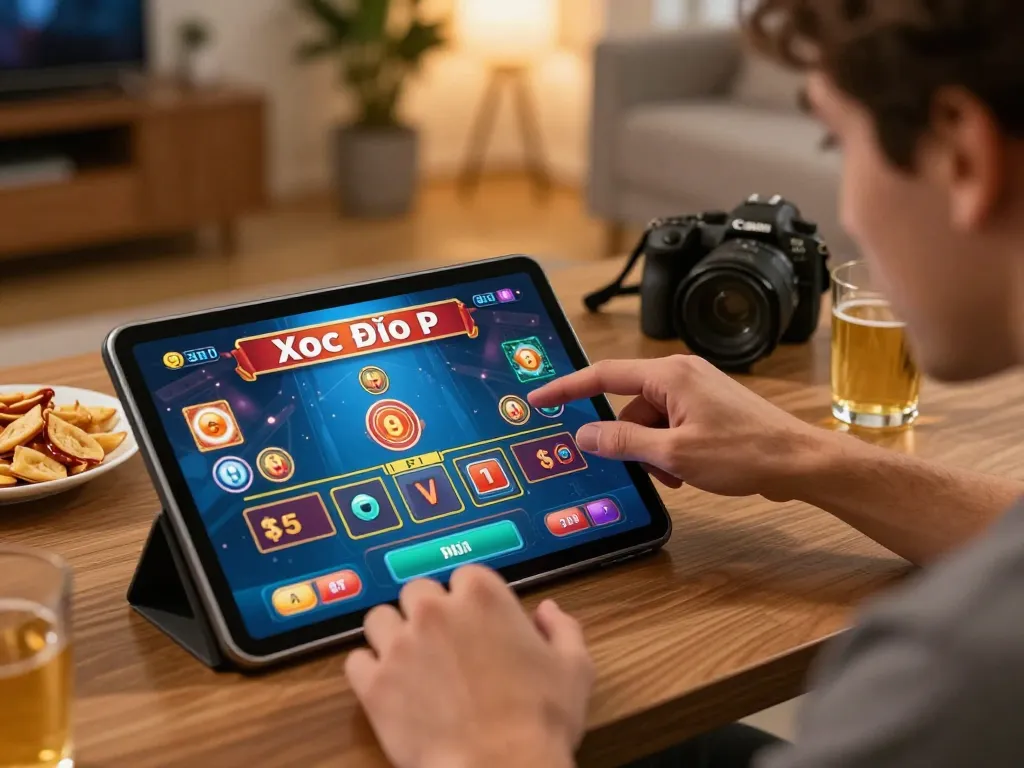 Xóc đĩa online gameplay with a player engaging on a tablet, illustrating excitement.