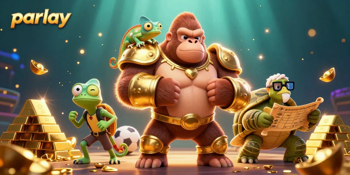 Engage with parlay sports betting action in a vibrant scene featuring dynamic characters and gold treasures.