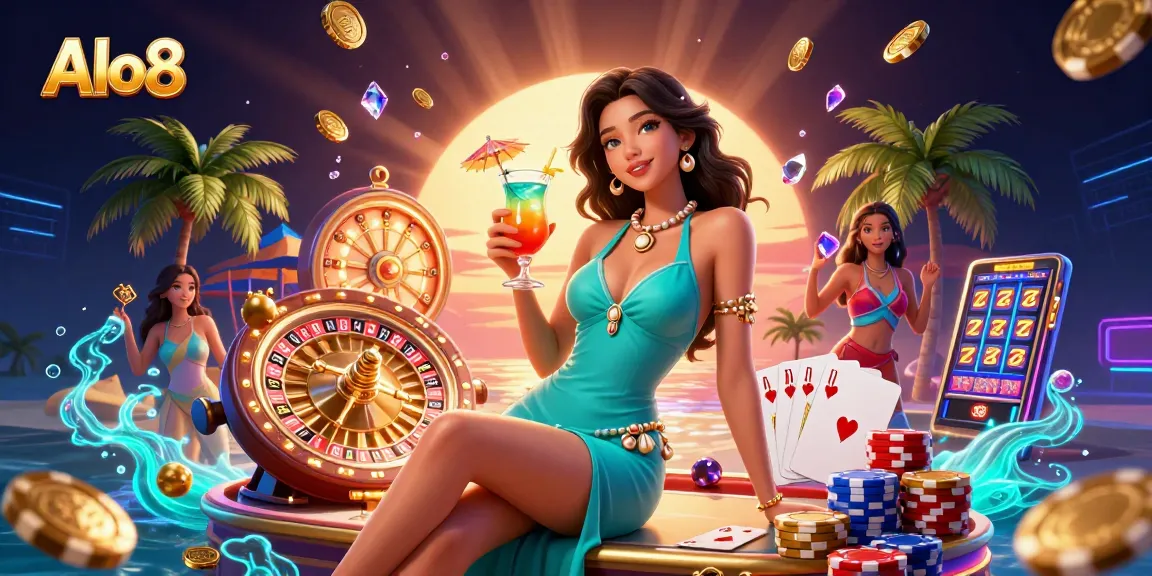 Alo8 offers exciting gambling with a glamorous tropical casino scene featuring a beautiful woman, slot reels, and golden winnings.
