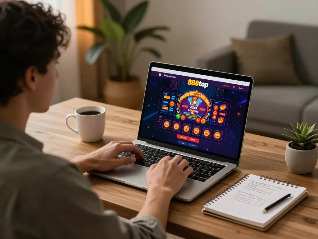 Player strategizing on 888top com using modern laptop for online casino gaming