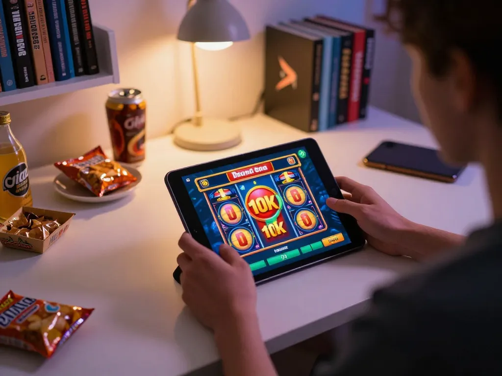 Engaging in slot depo 10k gameplay on a tablet in a cozy home setting with snacks and drinks