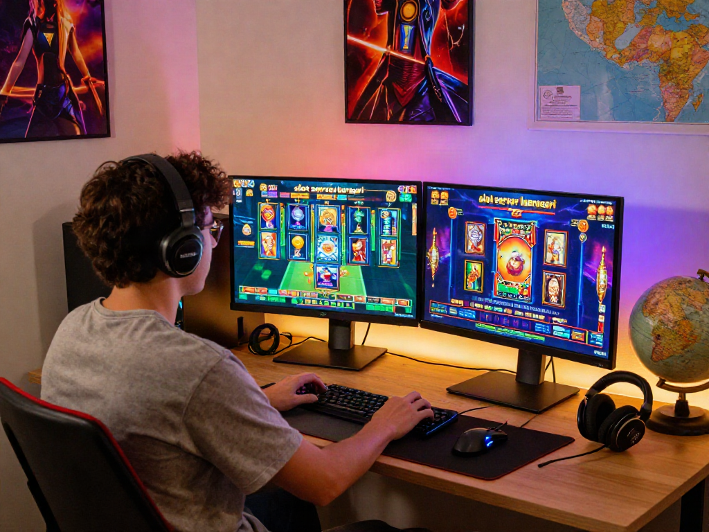 Engaging slot server luar negeri gaming experience in a cozy travel-themed office setup