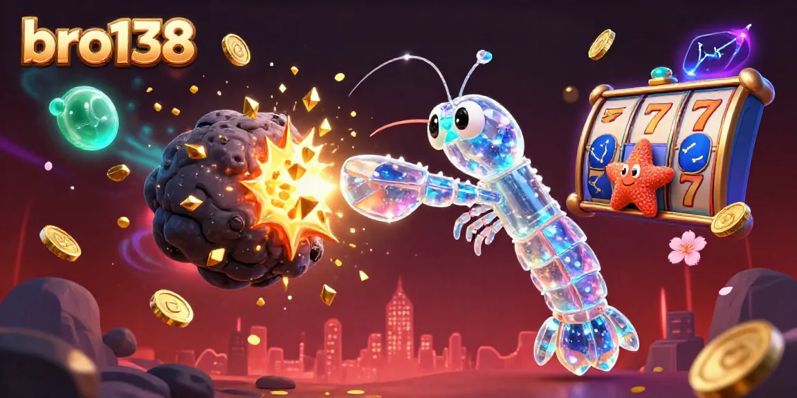 Win big at bro138 with this vibrant casino scene featuring slot reels, gems, and shimmering coins.