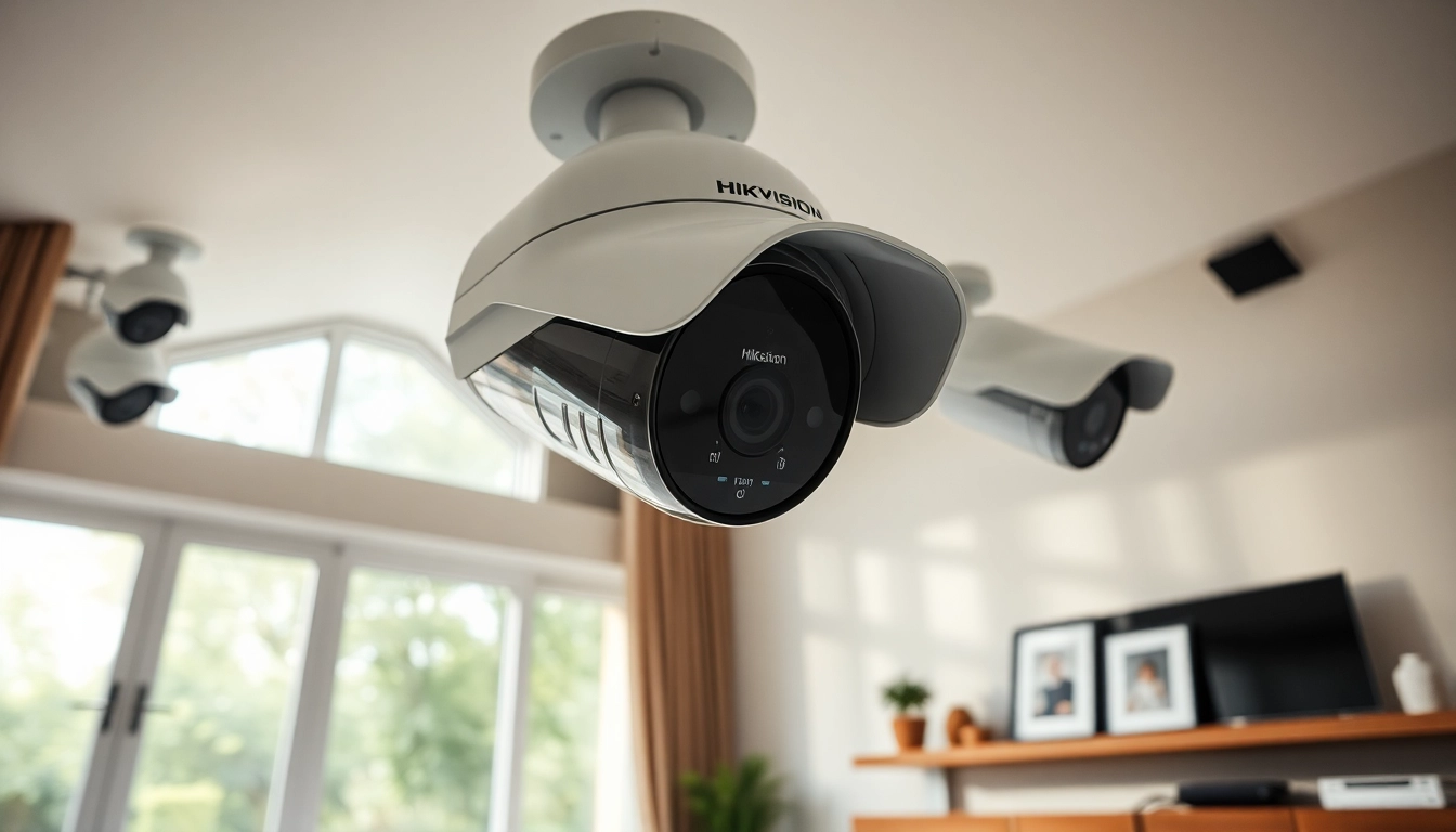 Cámaras Hikvision avanzadas instaladas en una sala de estar segura y moderna, destacando la seguridad y la tecnología.